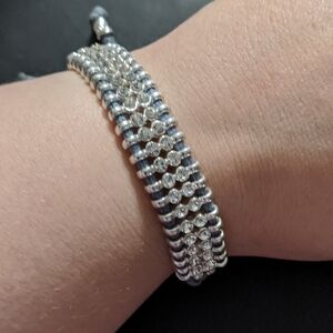 Silver Tone Rhinestone Blue Grey Thread Slide Knot Style Statement Brace…